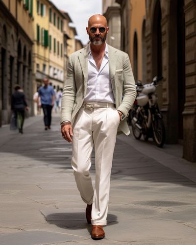 Gray Linen Suit Jacket with White Trousers